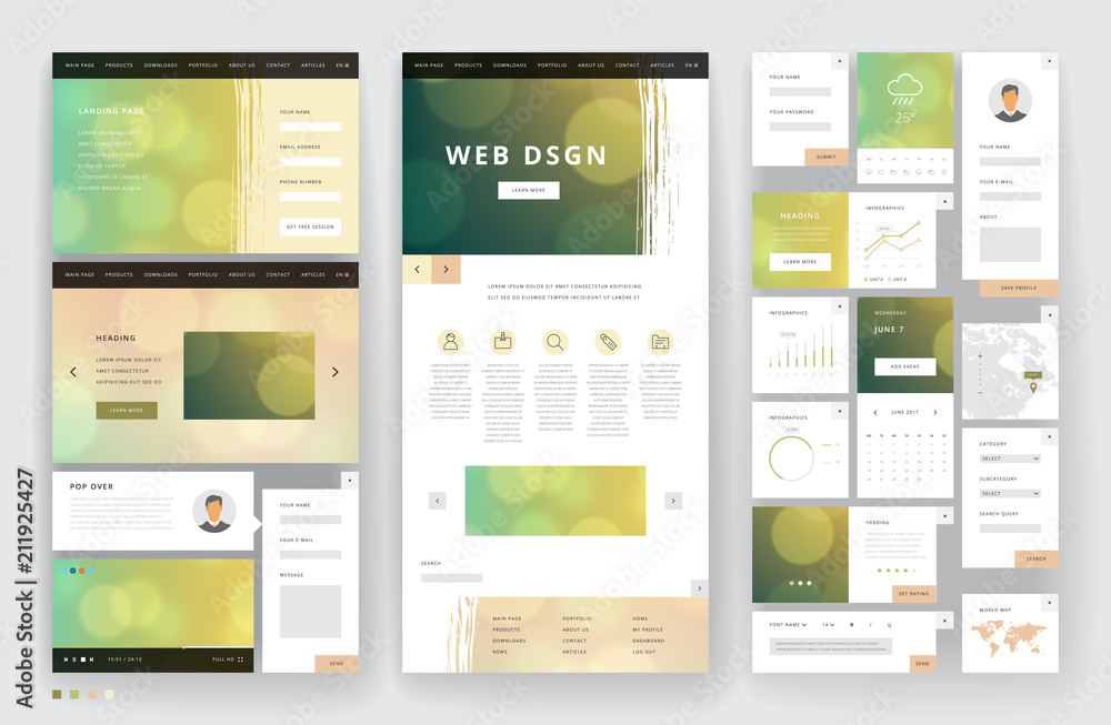 Poster website template design with interface elements