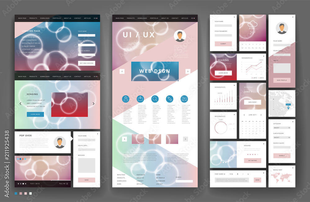 Poster website template design with interface elements
