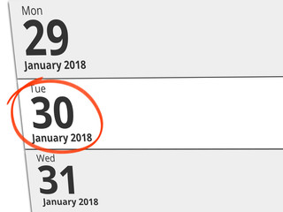 Date Tuesday 30 January 2018 circled in red on a calendar
