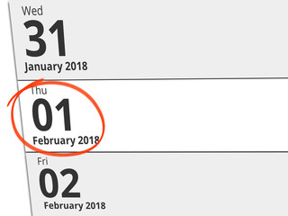 Date Thursday 01 February 2018 circled in red on a calendar