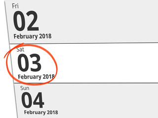 Date Saturday 03 February 2018 circled in red on a calendar