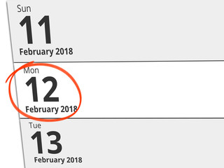 Date Monday 12 February 2018 circled in red on a calendar