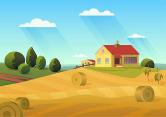 Colorful vector illustration of farmhouse in countryside with golden haystacks and blue sky. - obrazy, fototapety, plakaty