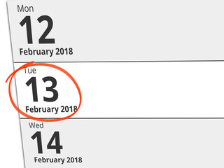 Date Tuesday 13 February 2018 circled in red on a calendar