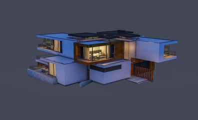 3d rendering of modern house at night isolated on gray.