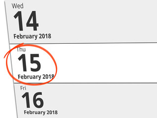 Date Thursday 15 February 2018 circled in red on a calendar