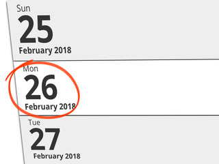 Date Monday 26 February 2018 circled in red on a calendar