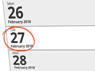 Date Tuesday 27 February 2018 circled in red on a calendar