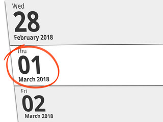 Date Thursday 01 March 2018 circled in red on a calendar