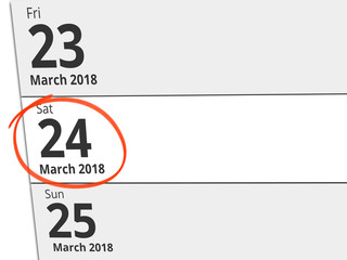 Date Saturday 24 March 2018 circled in red on a calendar