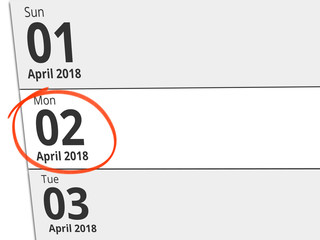 Date Monday 02 April 2018 circled in red on a calendar