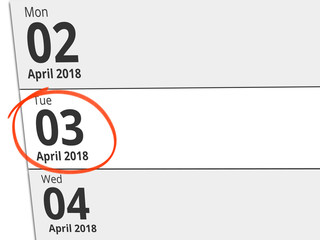 Date Tuesday 03 April 2018 circled in red on a calendar