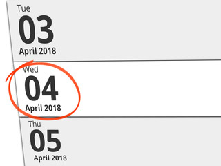 Date Wednesday 04 April 2018 circled in red on a calendar