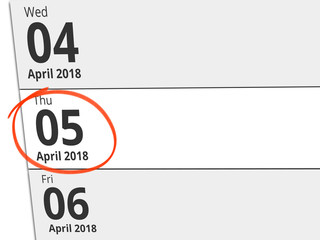 Date Thursday 05 April 2018 circled in red on a calendar
