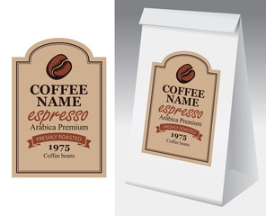 Paper packaging with label for coffee beans. Vector label for coffee in figured frame with coffee bean and inscription Espresso and paper 3d package with this label.