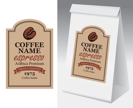 Fototapeta Paper packaging with label for coffee beans. Vector label for coffee in figured frame with coffee bean and inscription Espresso and paper 3d package with this label.