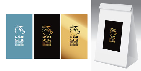 Paper packaging with label for coffee beans. Set of three vector labels for coffee with coffee cup and barcode, and paper 3d package with one of this labels.