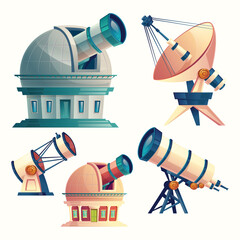 Vector cartoon set with astronomical telescopes, observatories, planetarium, satellite dish. Scientific equipment and optical devices with lenses for observation the sky, stars, cosmos, planets © vectorpocket