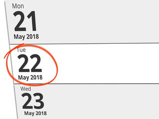 Date Tuesday 22 May 2018 circled in red on a calendar