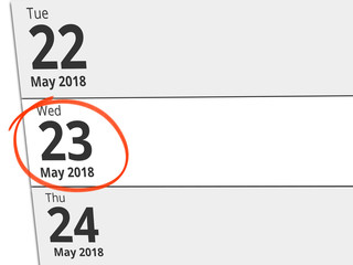 Date Wednesday 23 May 2018 circled in red on a calendar