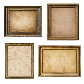 Old parchment paper in vintage rustic wood frame collection isolated on white background.