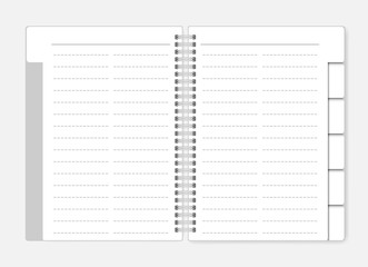 Two column dashed line spiral notebook with tab dividers mockup