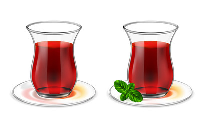 Turkish tea cup with black tea  and mint