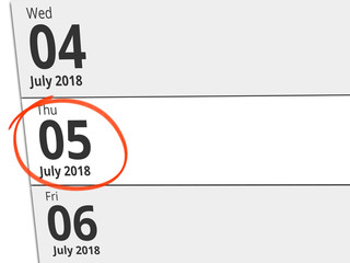 Date Thursday 05 July 2018 circled in red on a calendar