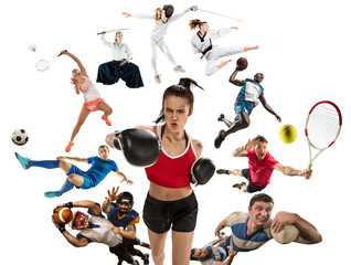 Sport collage about kickboxing, soccer, american football, basketball, badminton, taekwondo,...