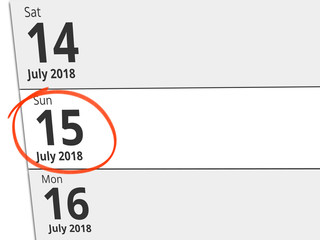 Date Sunday 15 July 2018 circled in red on a calendar