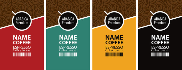 Vector set of four coffee bean labels. Coffee labels with coffee Cup and bar code on different color background