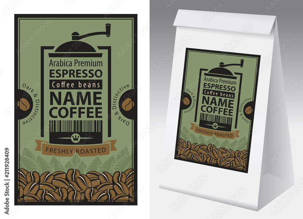 Poster paper packaging with label for coffee beans in retro style. vector label for coffee with coffee grin