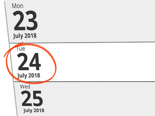 Date Tuesday 24 July 2018 circled in red on a calendar