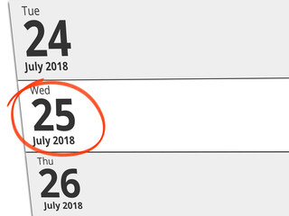 Date Wednesday 25 July 2018 circled in red on a calendar