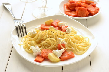 Spaghetti with roasted pumpkin and cottage cheese