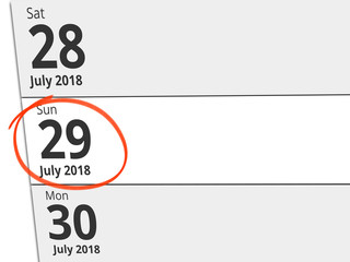 Date Sunday 29 July 2018 circled in red on a calendar