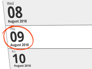 Date Thursday 09 August 2018 circled in red on a calendar