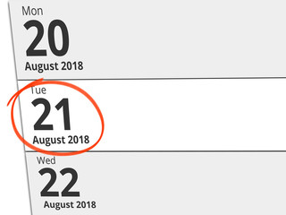 Date Tuesday 21 August 2018 circled in red on a calendar