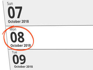 Date Monday 08 October 2018 circled in red on a calendar