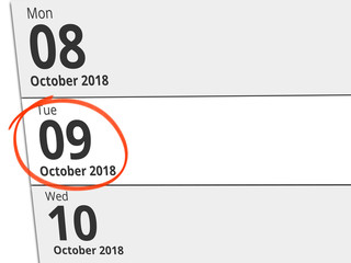 Date Tuesday 09 October 2018 circled in red on a calendar