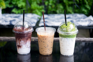 Different of drink in coffee shop (chocolate, milk green tea and coffee)