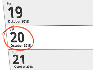 Date Saturday 20 October 2018 circled in red on a calendar