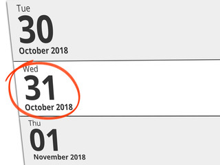 Date Wednesday 31 October 2018 circled in red on a calendar