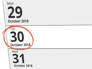Date Tuesday 30 October 2018 circled in red on a calendar