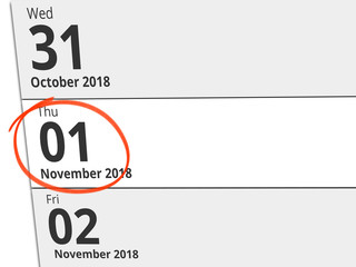 Date Thursday 01 November 2018 circled in red on a calendar