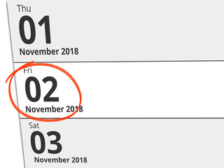 Date Friday 02 November 2018 circled in red on a calendar