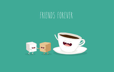 The funny cup of coffee with a brown and white sugar. You can use for card, poster, banner, web design and print on t-shirt. Easy to edit. Vector illustration.