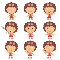 Collection of emoticons of little girl in different poses isolated on white background.
