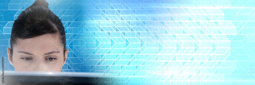 Poster woman using computer with geometric transitions