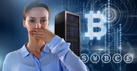 Woman with computer servers and bitcoin technology information